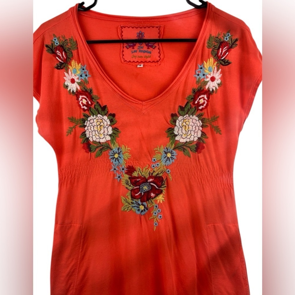 Johnny Was Embroidered Soft Orange Tunic Dress Size S Pockets V-neck Floral - Picture 3 of 13